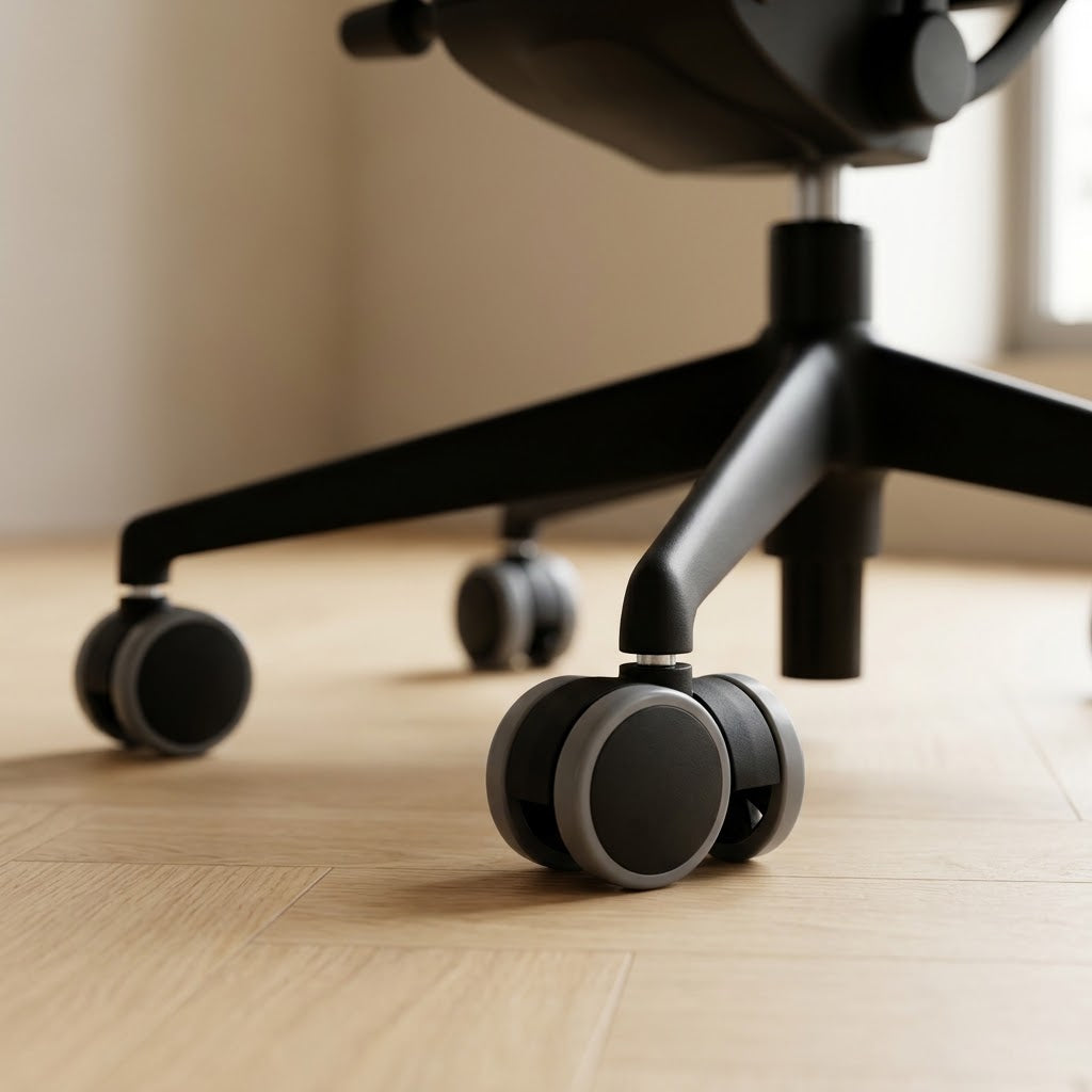 Roulettes silencieuses montées sous une chaise de bureau noire, sur parquet
