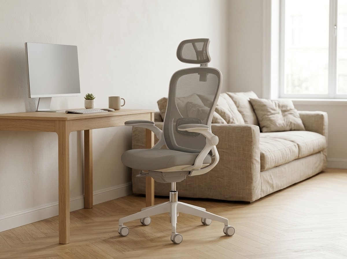 Chaise de bureau ergonomique gris clair dans un coin bureau du salon