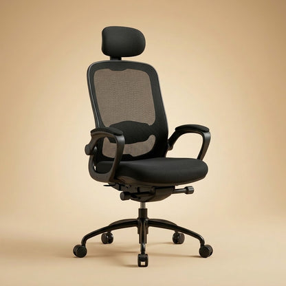 Chaise de bureau ergonomique noire, vue de trois quarts, piétement métal
