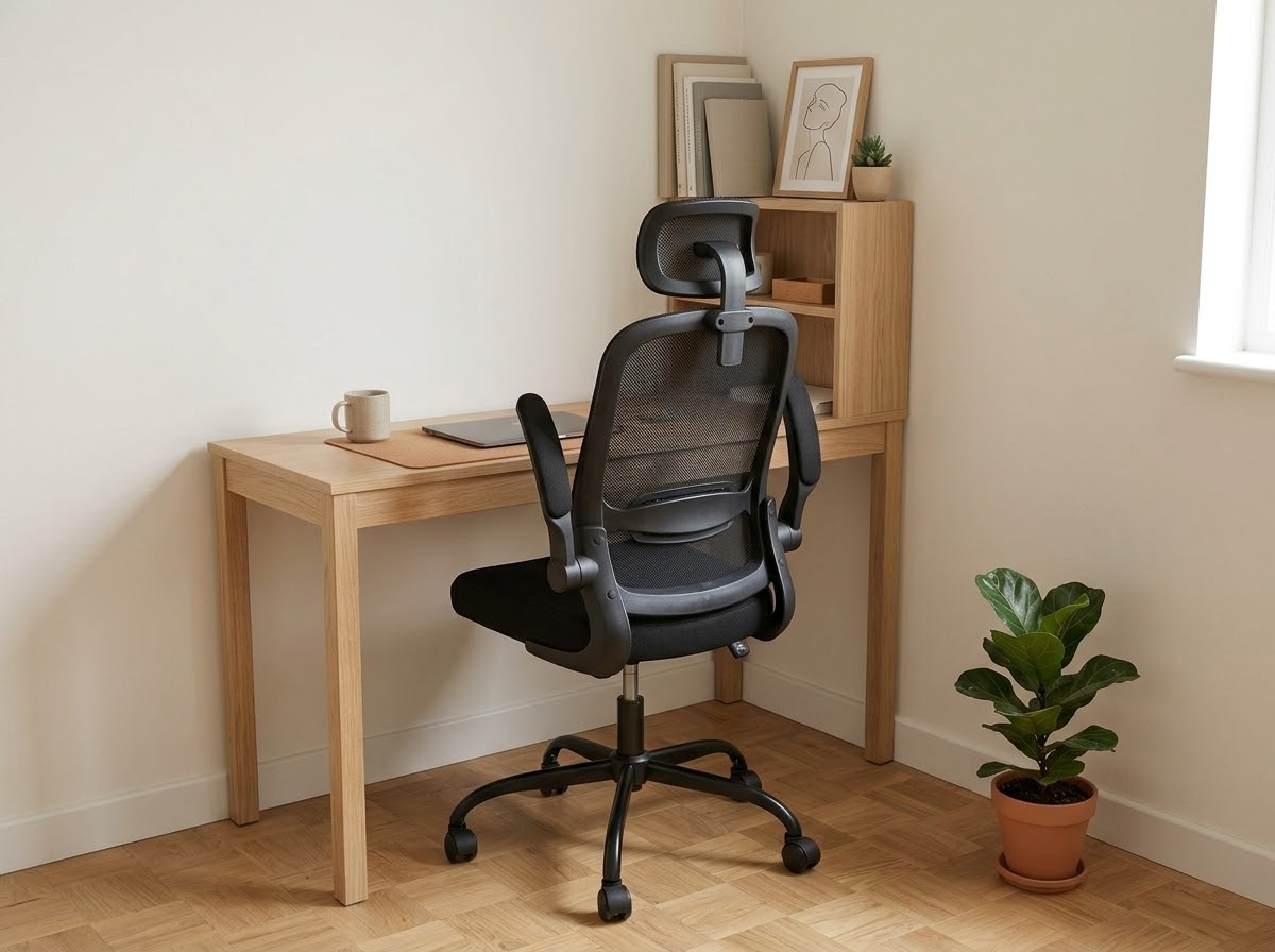 Chaise noire rangée sous un petit bureau, accoudoirs relevés