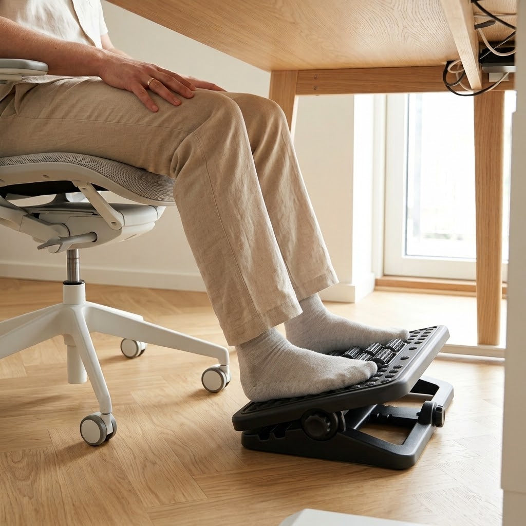 Repose-pieds noir sous un bureau en chêne clair, pieds posés dessus, chaise de bureau grise