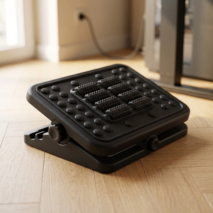 Repose-pieds ergonomique noir incliné sur un parquet, rouleaux et picots massants