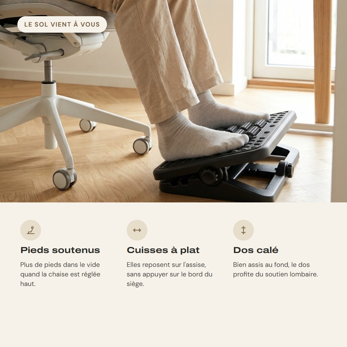 Repose-pieds incliné, pieds posés dessus : pieds soutenus, cuisses à plat, dos calé