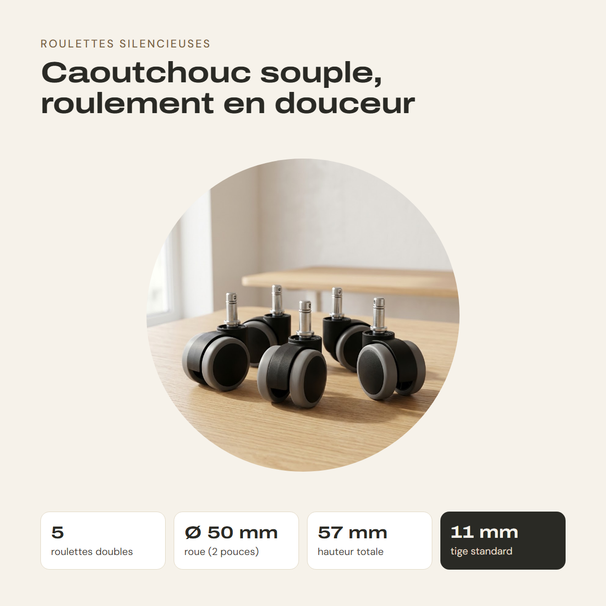 Roulettes en caoutchouc souple : lot de 5, roue 50 mm, hauteur 57 mm, tige 11 mm