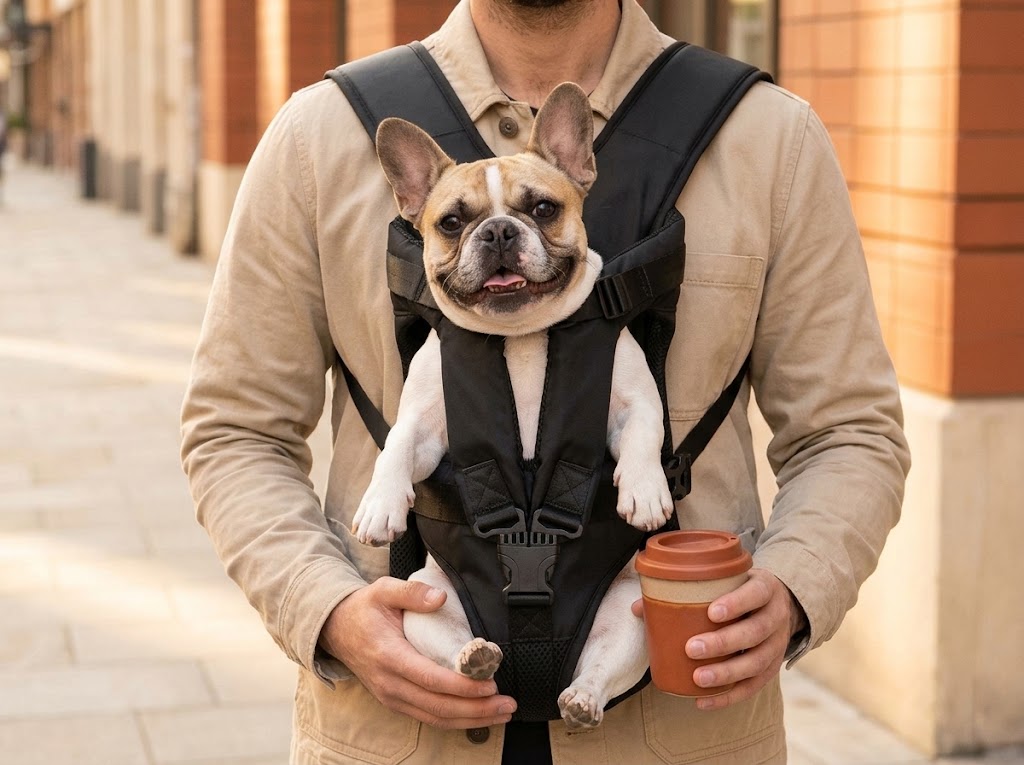 Bouledogue français porté dans le sac ventral, son maître garde les mains libres