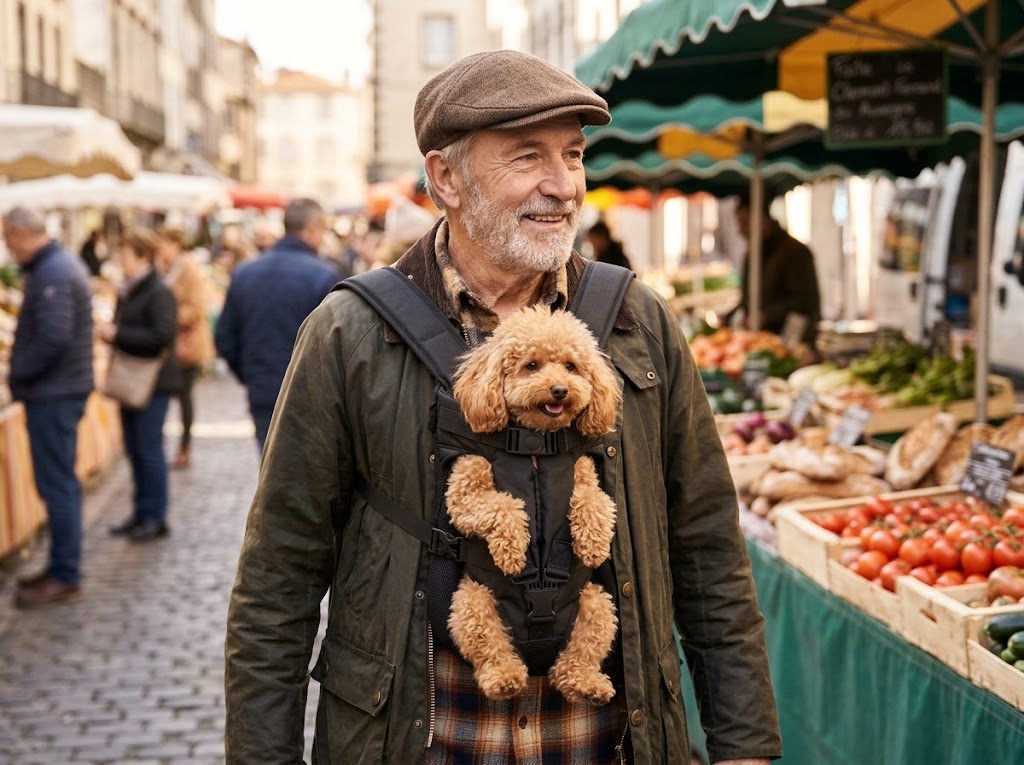 Homme au marché avec son caniche dans le porte-chien ventral