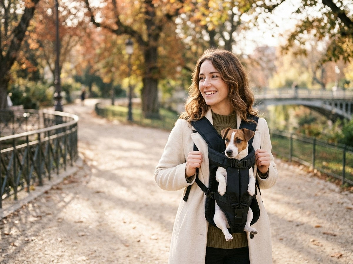 Femme en balade dans un parc avec son Jack Russell dans le porte-chien ventral Sac de Woof